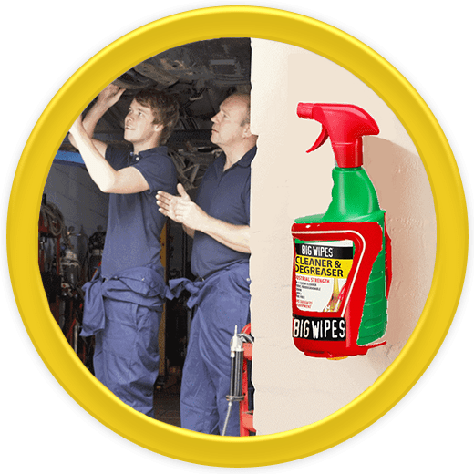 Big Wipes Degreaser in a holder for mechanics